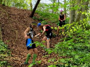 Steiler und rutschiger Abstieg beim Steigerwald-Orientierungslauf 2014